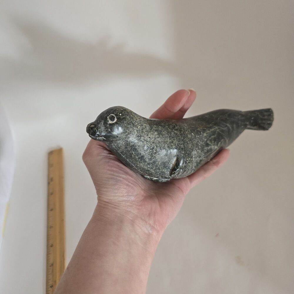 Original Soapstone Carved Eskimo Inuit Sculpture Seal Canada Igloo Official Art